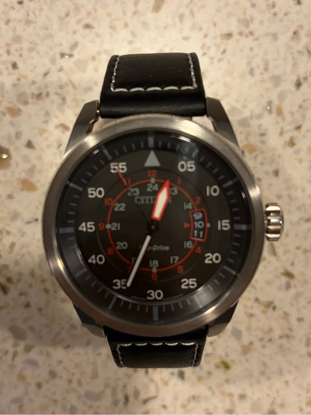 Citizen Men's Black Dial Watch with Red Accents and Black Leather Strap